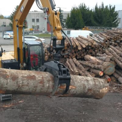 Escavatore caterpillar a noleggio da CGTE con pinza movimentazione tronchi sposta un tronco CGTE Vermietung:
